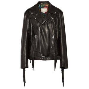 GUCCI Women's Fringed Leather Biker Jacket Size 40/US 4 In Black